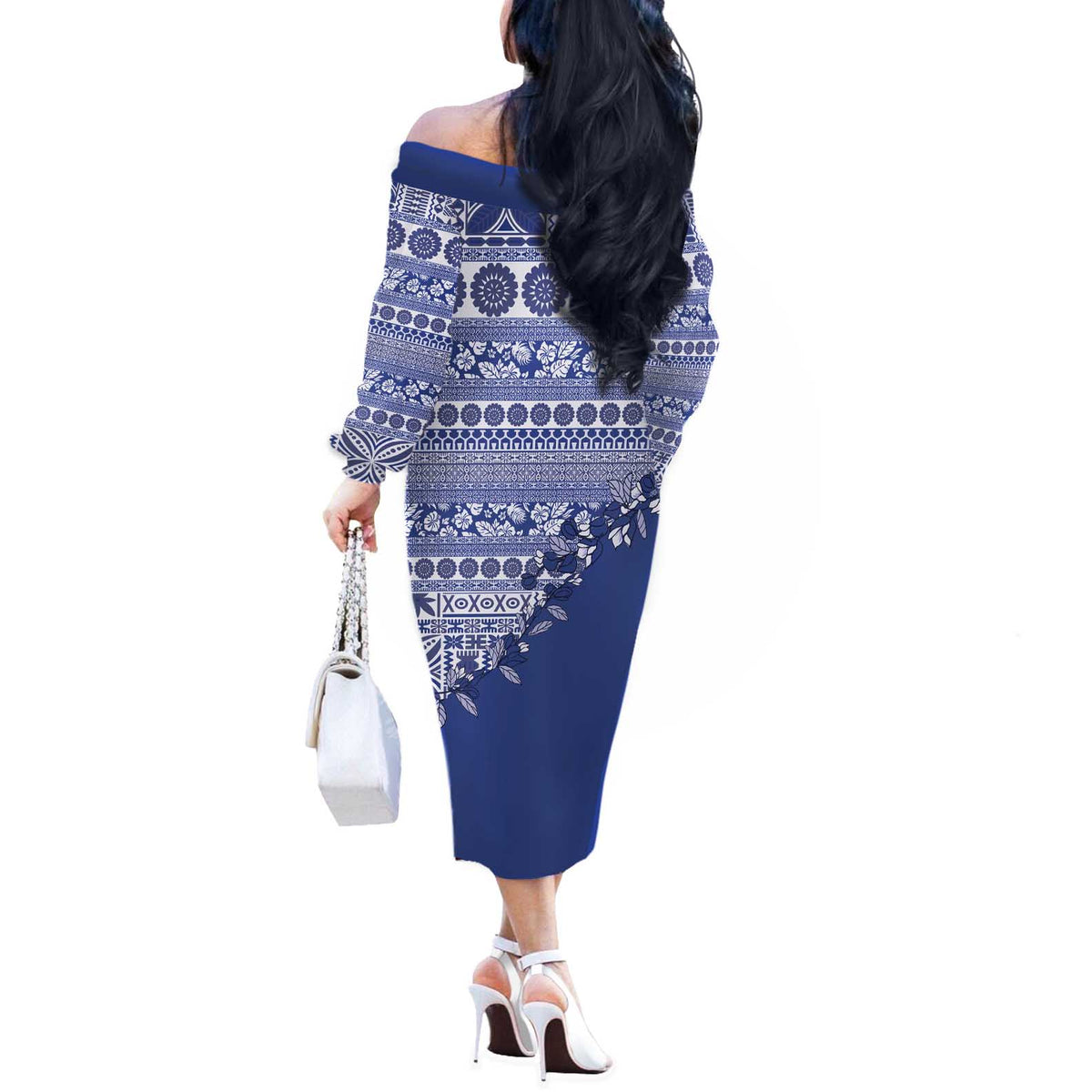 Fiji Marau na Kerisimasi Off The Shoulder Long Sleeve Dress Blue Tagimoucia Tapa Masi Tribal - Polynesian Pride