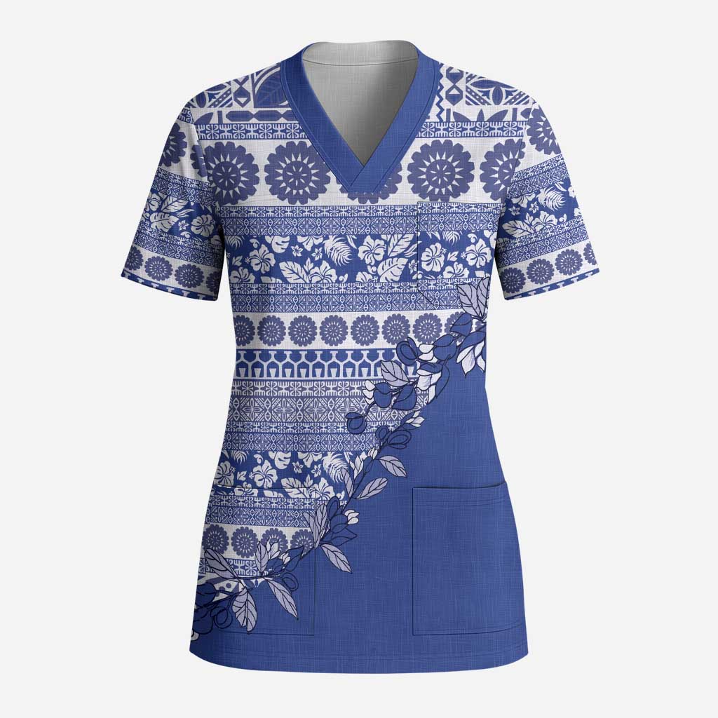 Fiji Marau na Kerisimasi Scrub Top Blue Tagimoucia Tapa Masi Tribal - Polynesian Pride