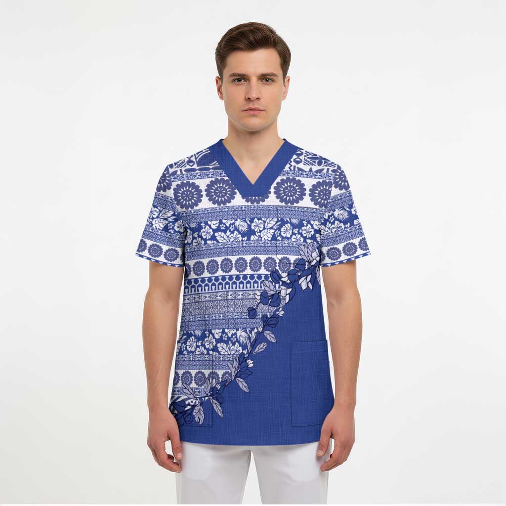 Fiji Marau na Kerisimasi Scrub Top Blue Tagimoucia Tapa Masi Tribal - Polynesian Pride