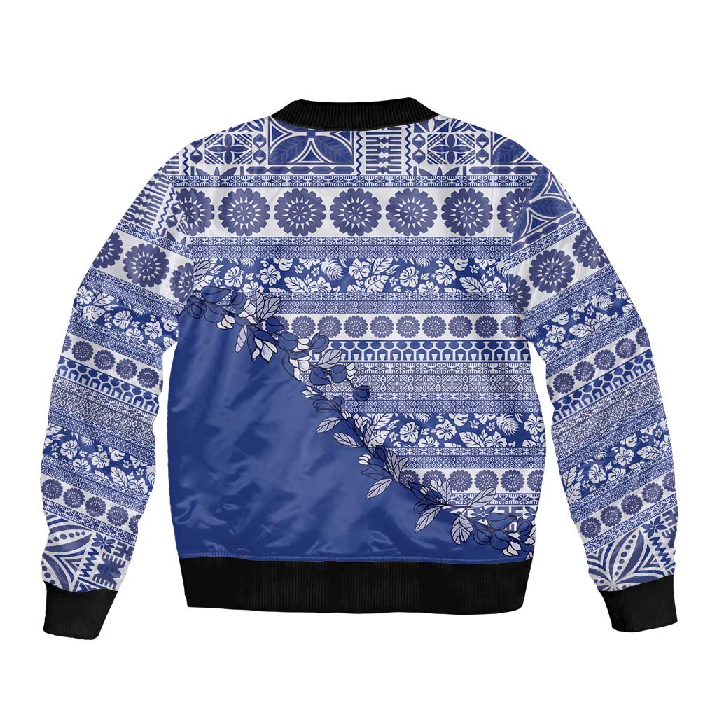 Fiji Marau na Kerisimasi Sleeve Zip Bomber Jacket Blue Tagimoucia Tapa Masi Tribal LT9 - Polynesian Pride