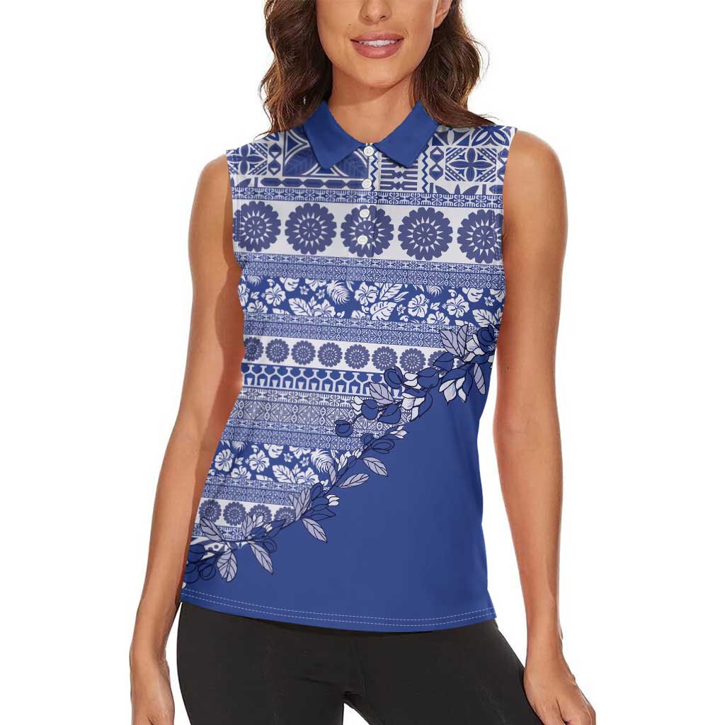 Fiji Marau na Kerisimasi Women Sleeveless Polo Shirt Blue Tagimoucia Tapa Masi Tribal - Polynesian Pride