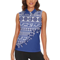 Fiji Marau na Kerisimasi Women Sleeveless Polo Shirt Blue Tagimoucia Tapa Masi Tribal - Polynesian Pride