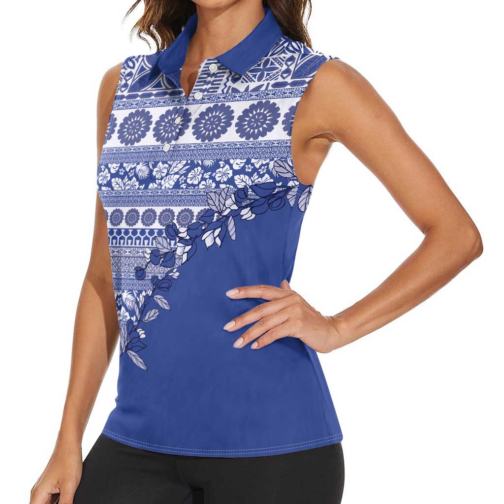 Fiji Marau na Kerisimasi Women Sleeveless Polo Shirt Blue Tagimoucia Tapa Masi Tribal - Polynesian Pride