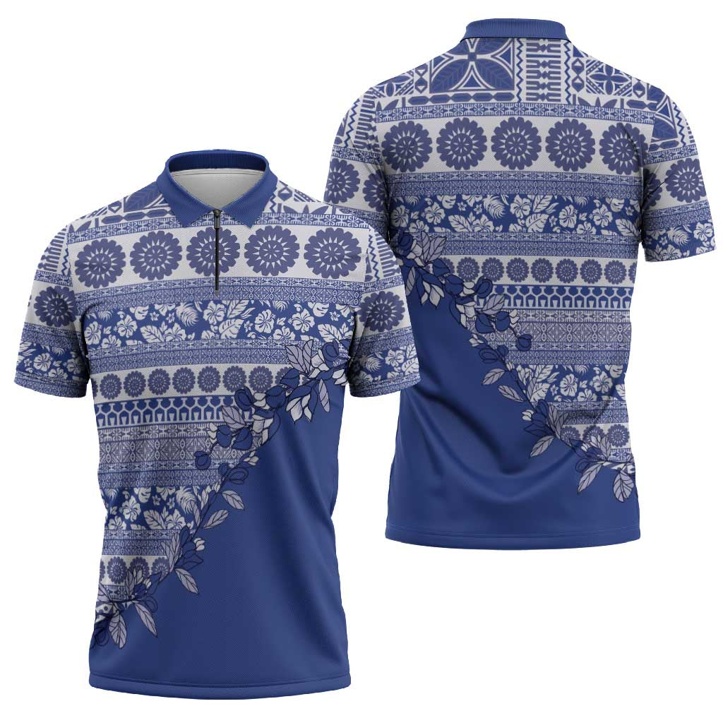 Fiji Marau na Kerisimasi Zipper Polo Shirt Blue Tagimoucia Tapa Masi Tribal - Polynesian Pride