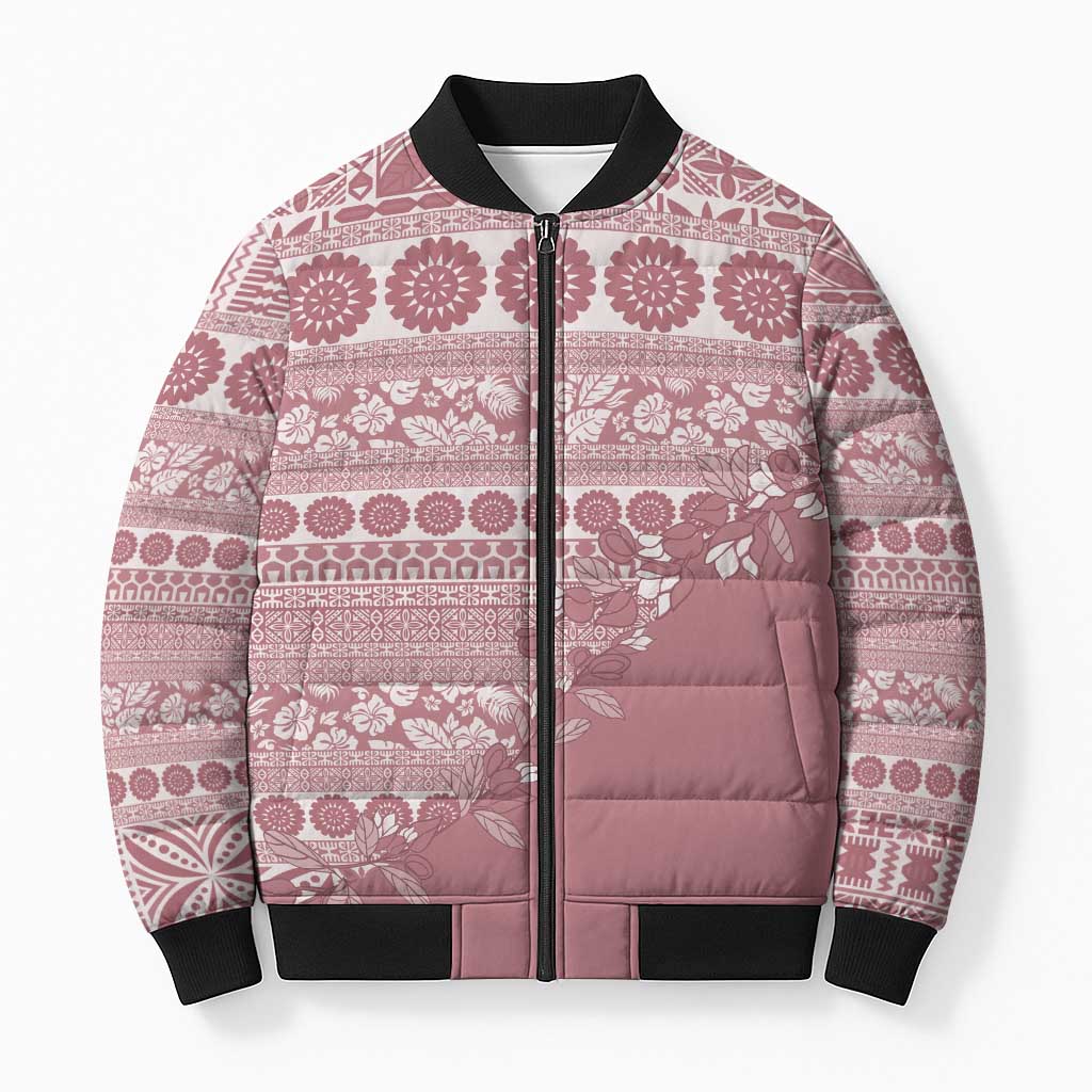 Fiji Marau na Kerisimasi Bomber Puffer Jacket Dusty Rose Tagimoucia Tapa Masi Tribal - Polynesian Pride