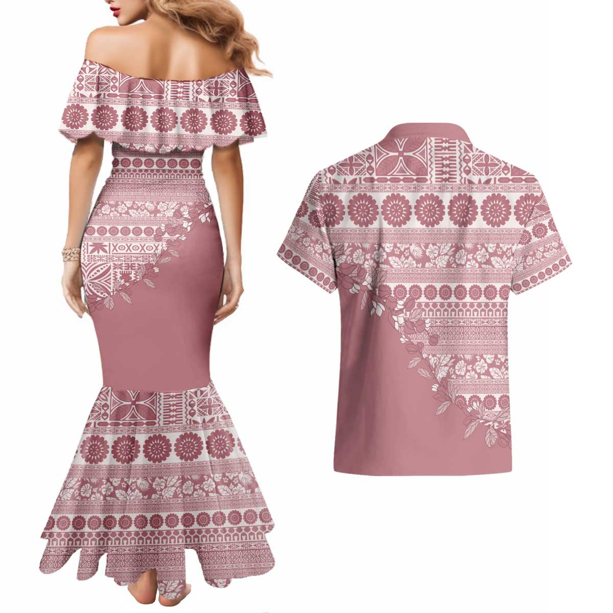 Fiji Marau na Kerisimasi Couples Matching Mermaid Dress and Hawaiian Shirt Dusty Rose Tagimoucia Tapa Masi Tribal - Polynesian Pride