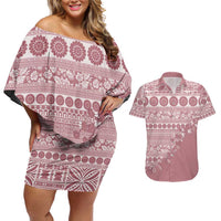 Fiji Marau na Kerisimasi Couples Matching Off Shoulder Short Dress and Hawaiian Shirt Dusty Rose Tagimoucia Tapa Masi Tribal - Polynesian Pride