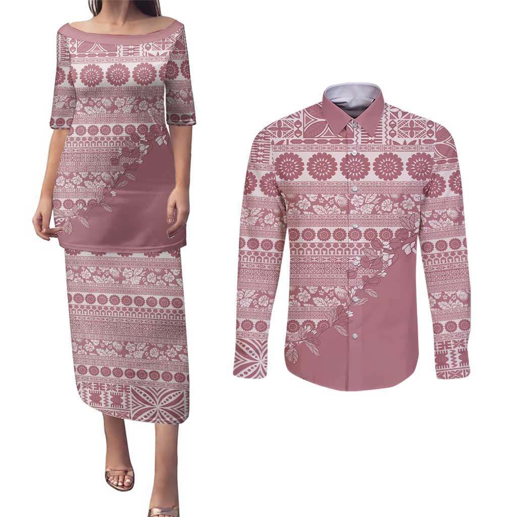 Fiji Marau na Kerisimasi Couples Matching Puletasi and Long Sleeve Button Shirt Dusty Rose Tagimoucia Tapa Masi Tribal - Polynesian Pride