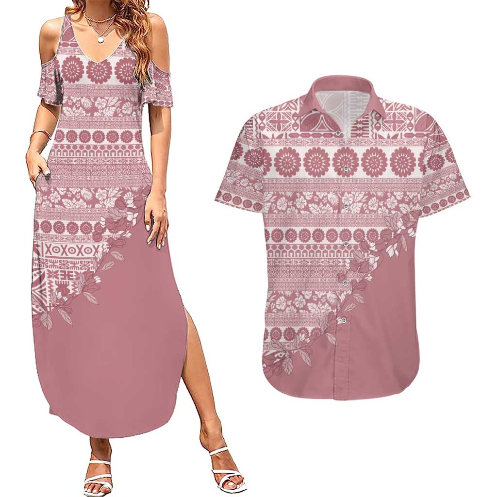Fiji Marau na Kerisimasi Couples Matching Summer Maxi Dress and Hawaiian Shirt Dusty Rose Tagimoucia Tapa Masi Tribal - Polynesian Pride