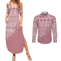 Fiji Marau na Kerisimasi Couples Matching Summer Maxi Dress and Long Sleeve Button Shirt Dusty Rose Tagimoucia Tapa Masi Tribal - Polynesian Pride