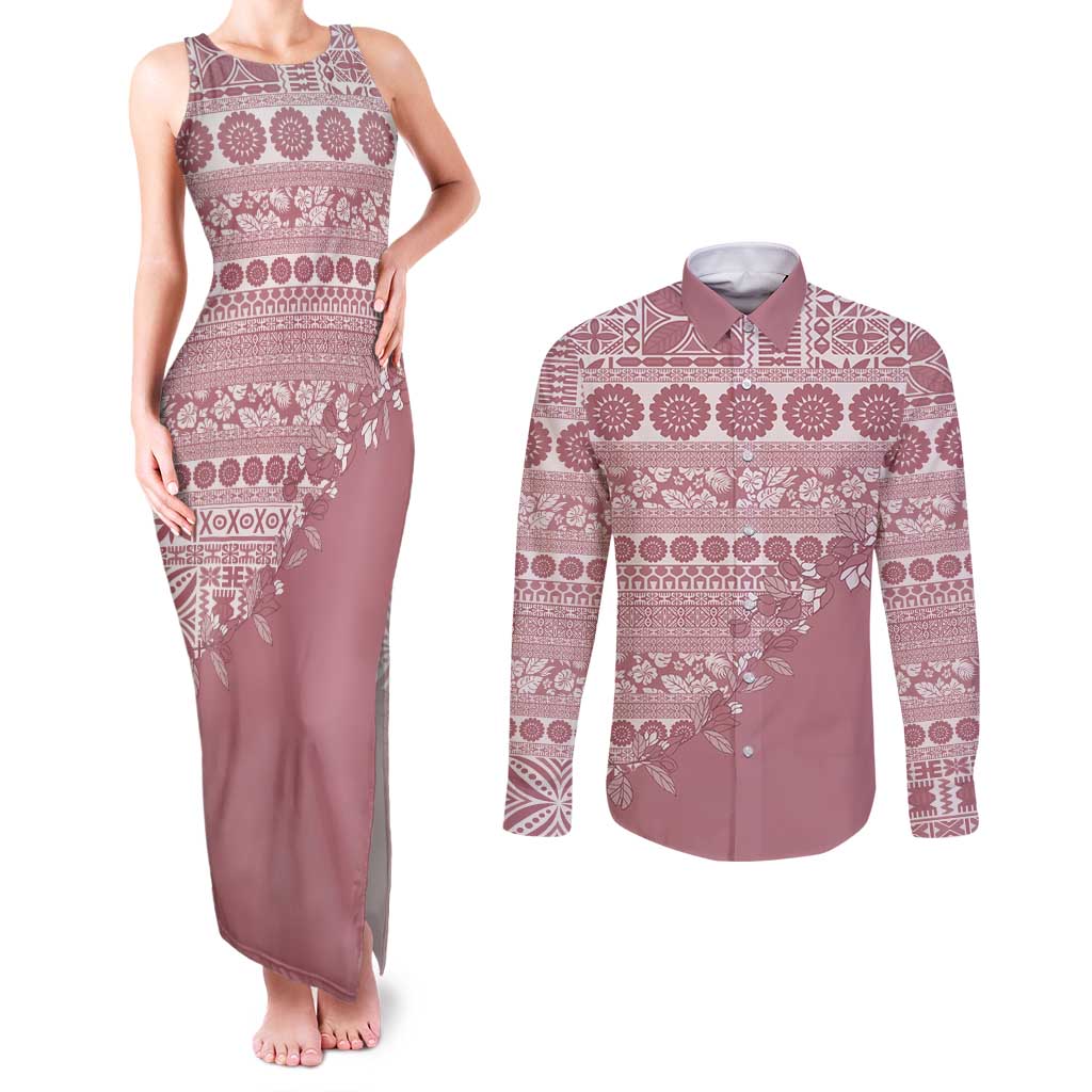 Fiji Marau na Kerisimasi Couples Matching Tank Maxi Dress and Long Sleeve Button Shirt Dusty Rose Tagimoucia Tapa Masi Tribal - Polynesian Pride