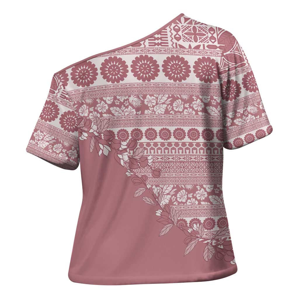 Fiji Marau na Kerisimasi Cross Shoulder Shirt Dusty Rose Tagimoucia Tapa Masi Tribal - Polynesian Pride