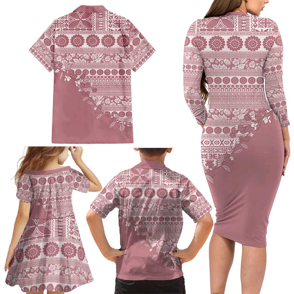Fiji Marau na Kerisimasi Family Matching Long Sleeve Bodycon Dress and Hawaiian Shirt Dusty Rose Tagimoucia Tapa Masi Tribal - Polynesian Pride