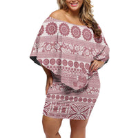 Fiji Marau na Kerisimasi Family Matching Off Shoulder Short Dress and Hawaiian Shirt Dusty Rose Tagimoucia Tapa Masi Tribal - Polynesian Pride