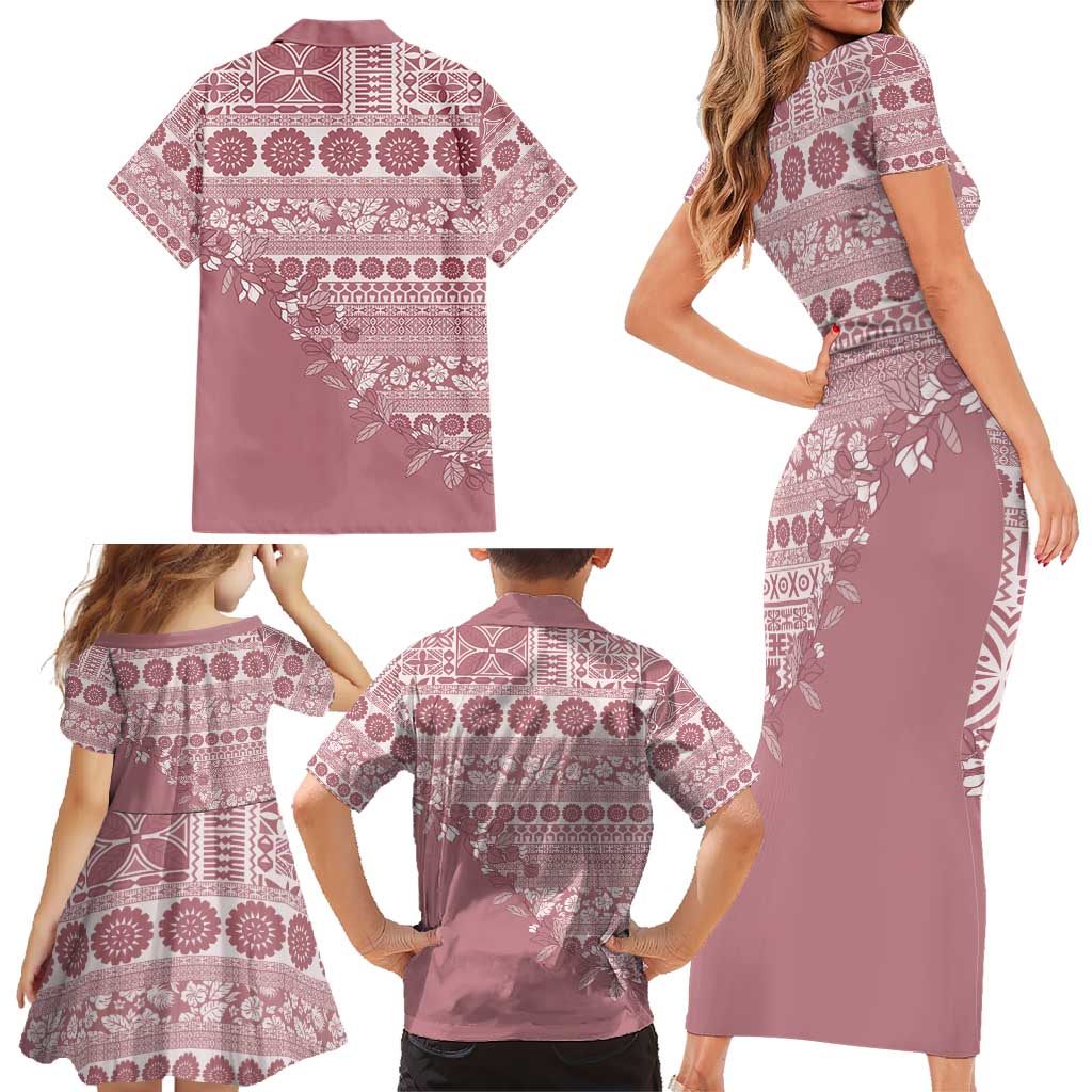 Fiji Marau na Kerisimasi Family Matching Short Sleeve Bodycon Dress and Hawaiian Shirt Dusty Rose Tagimoucia Tapa Masi Tribal - Polynesian Pride