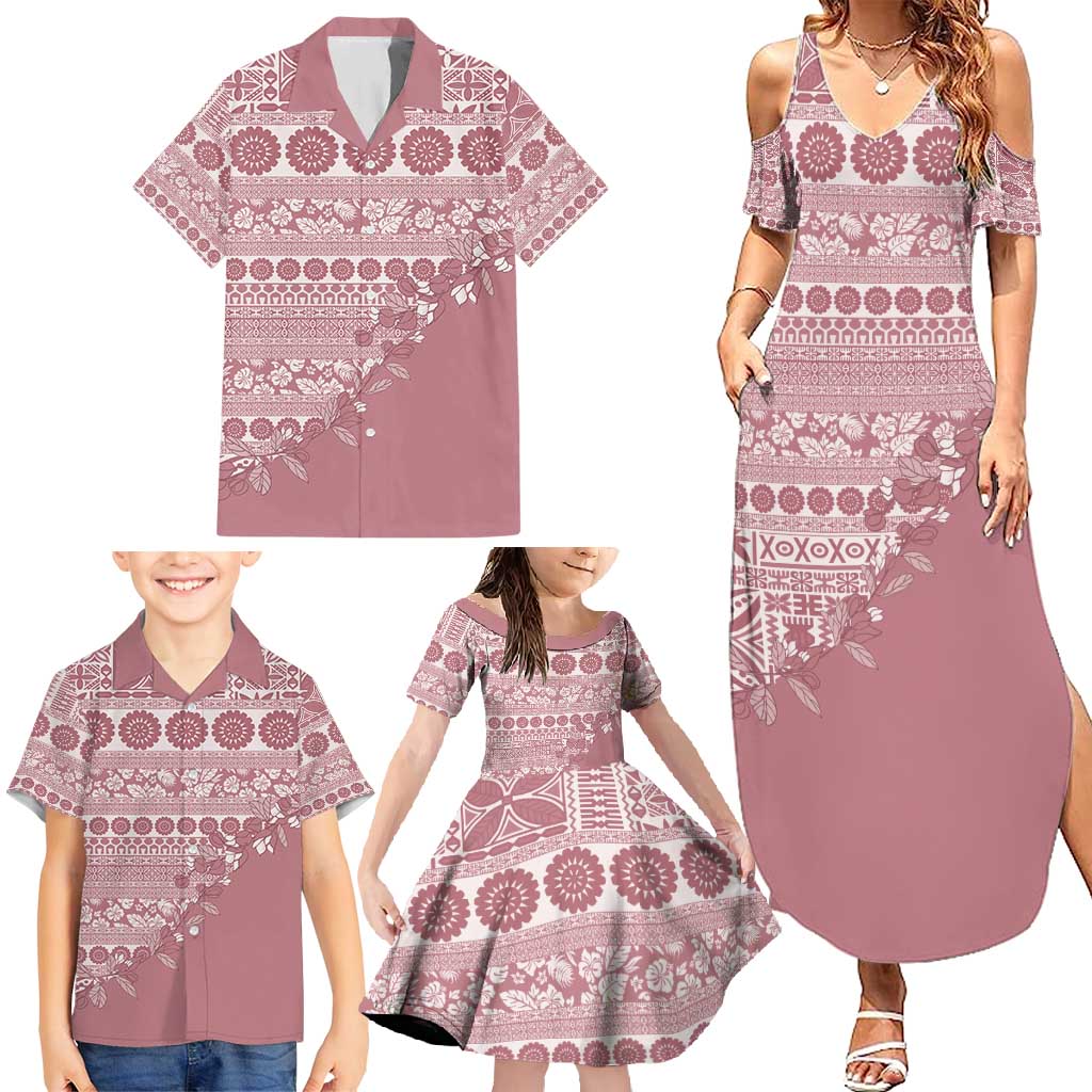 Fiji Marau na Kerisimasi Family Matching Summer Maxi Dress and Hawaiian Shirt Dusty Rose Tagimoucia Tapa Masi Tribal - Polynesian Pride