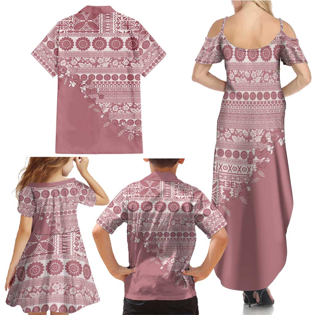 Fiji Marau na Kerisimasi Family Matching Summer Maxi Dress and Hawaiian Shirt Dusty Rose Tagimoucia Tapa Masi Tribal - Polynesian Pride