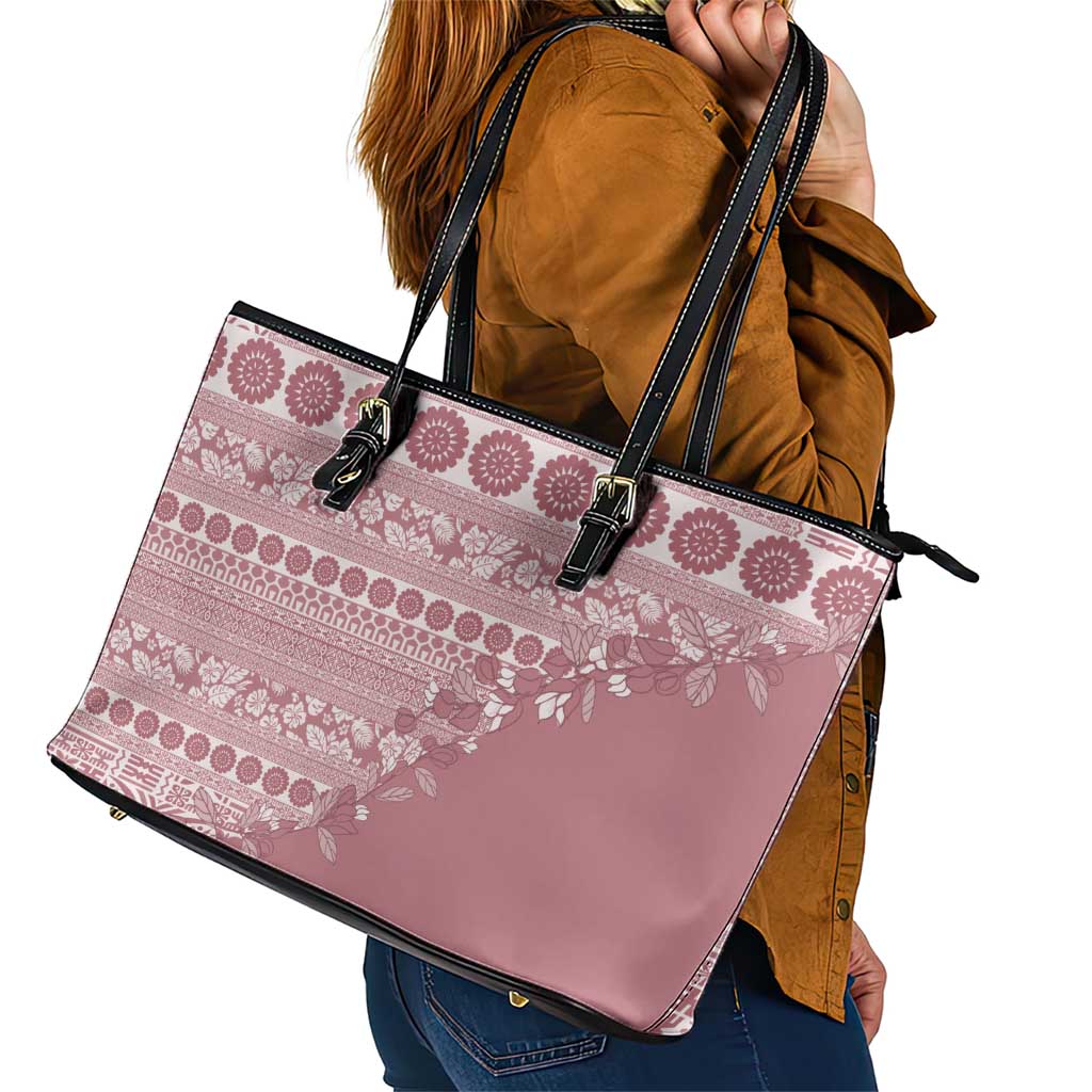 Fiji Marau na Kerisimasi Leather Tote Bag Dusty Rose Tagimoucia Tapa Masi Tribal - Polynesian Pride