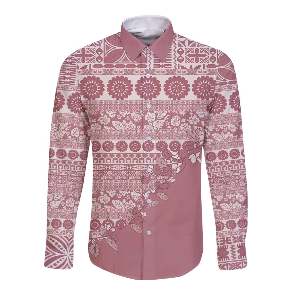 Fiji Marau na Kerisimasi Long Sleeve Button Shirt Dusty Rose Tagimoucia Tapa Masi Tribal - Polynesian Pride