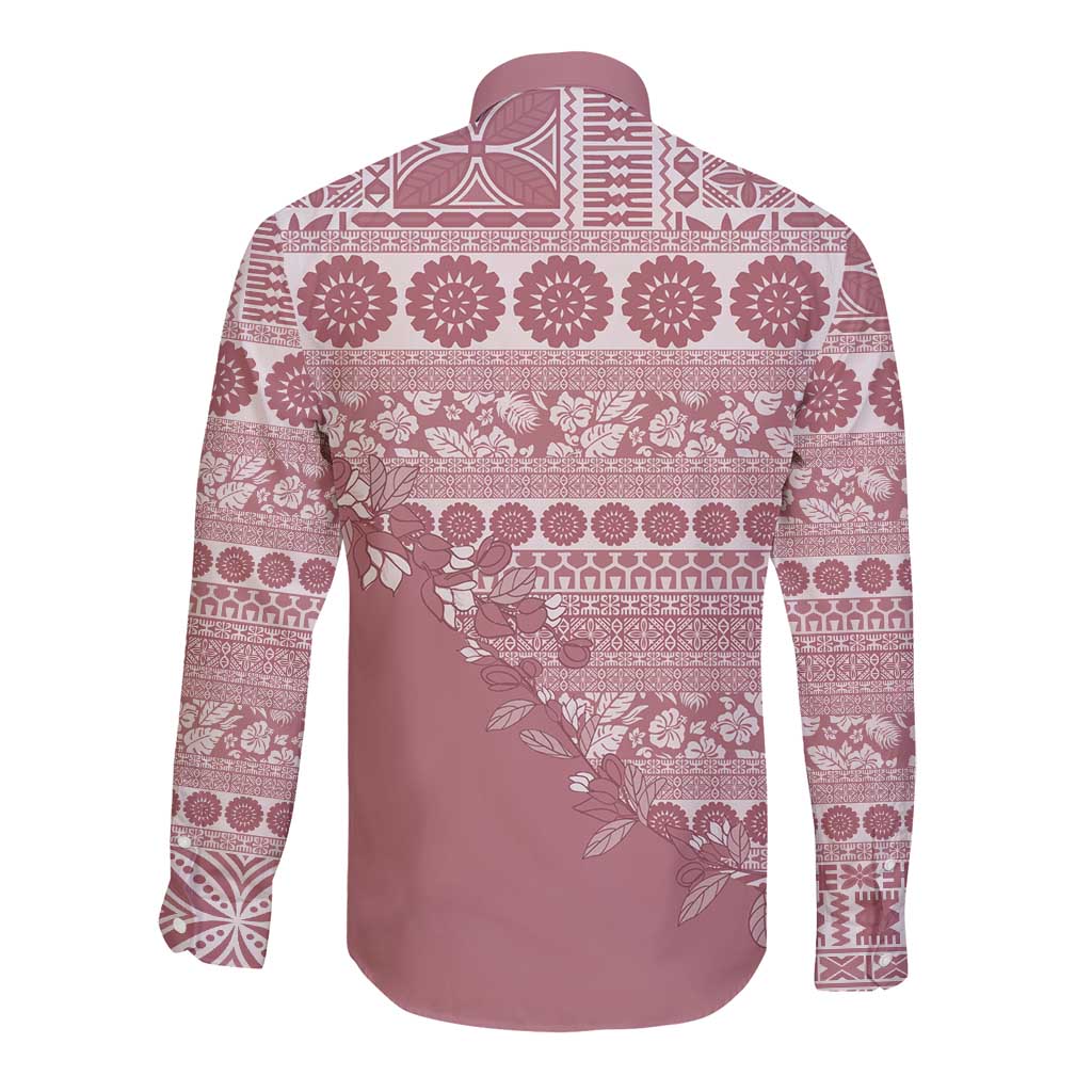 Fiji Marau na Kerisimasi Long Sleeve Button Shirt Dusty Rose Tagimoucia Tapa Masi Tribal - Polynesian Pride