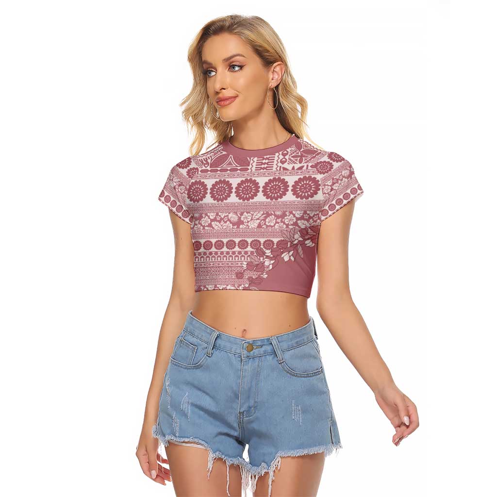 Fiji Marau na Kerisimasi Raglan Cropped T Shirt Dusty Rose Tagimoucia Tapa Masi Tribal - Polynesian Pride