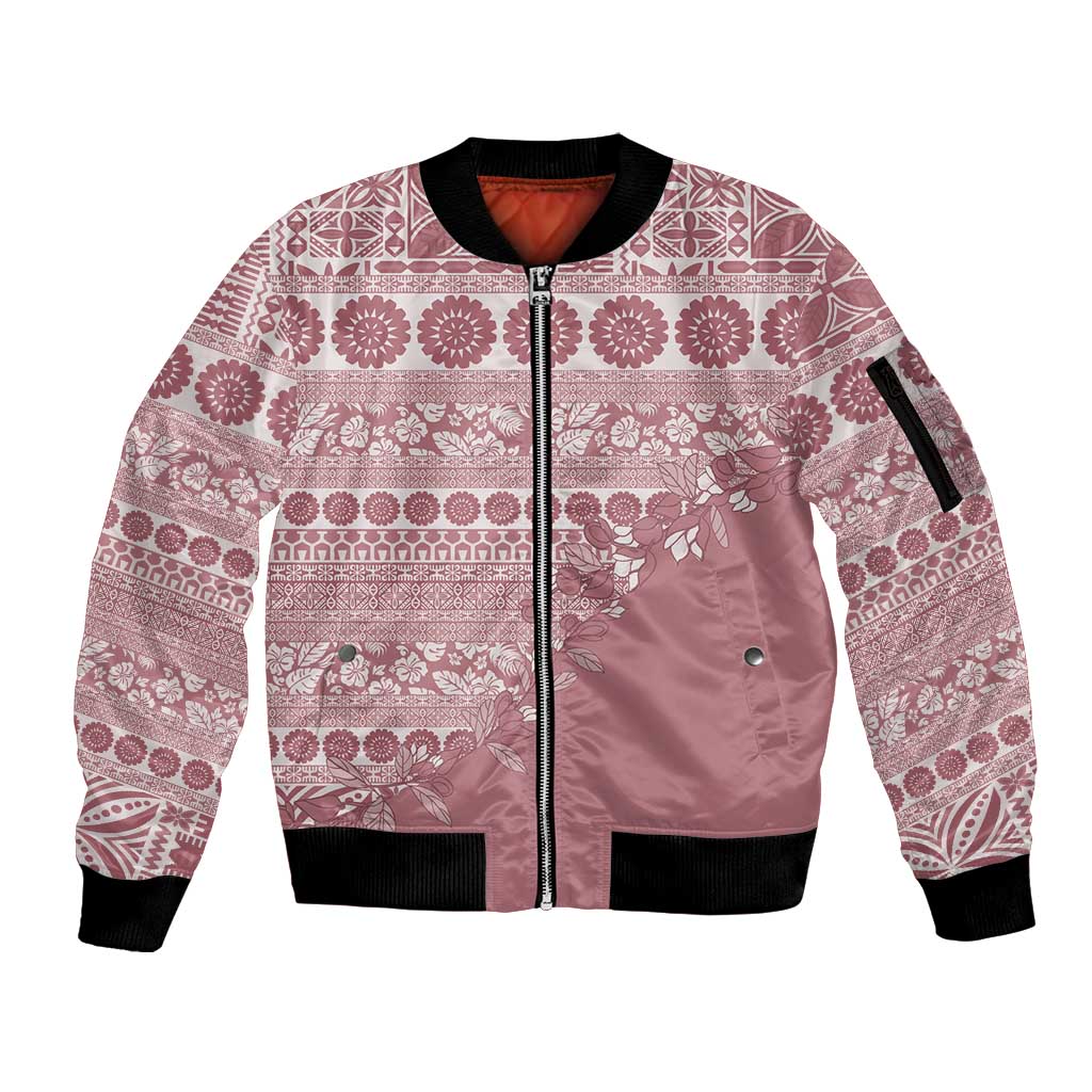 Fiji Marau na Kerisimasi Sleeve Zip Bomber Jacket Dusty Rose Tagimoucia Tapa Masi Tribal - Polynesian Pride