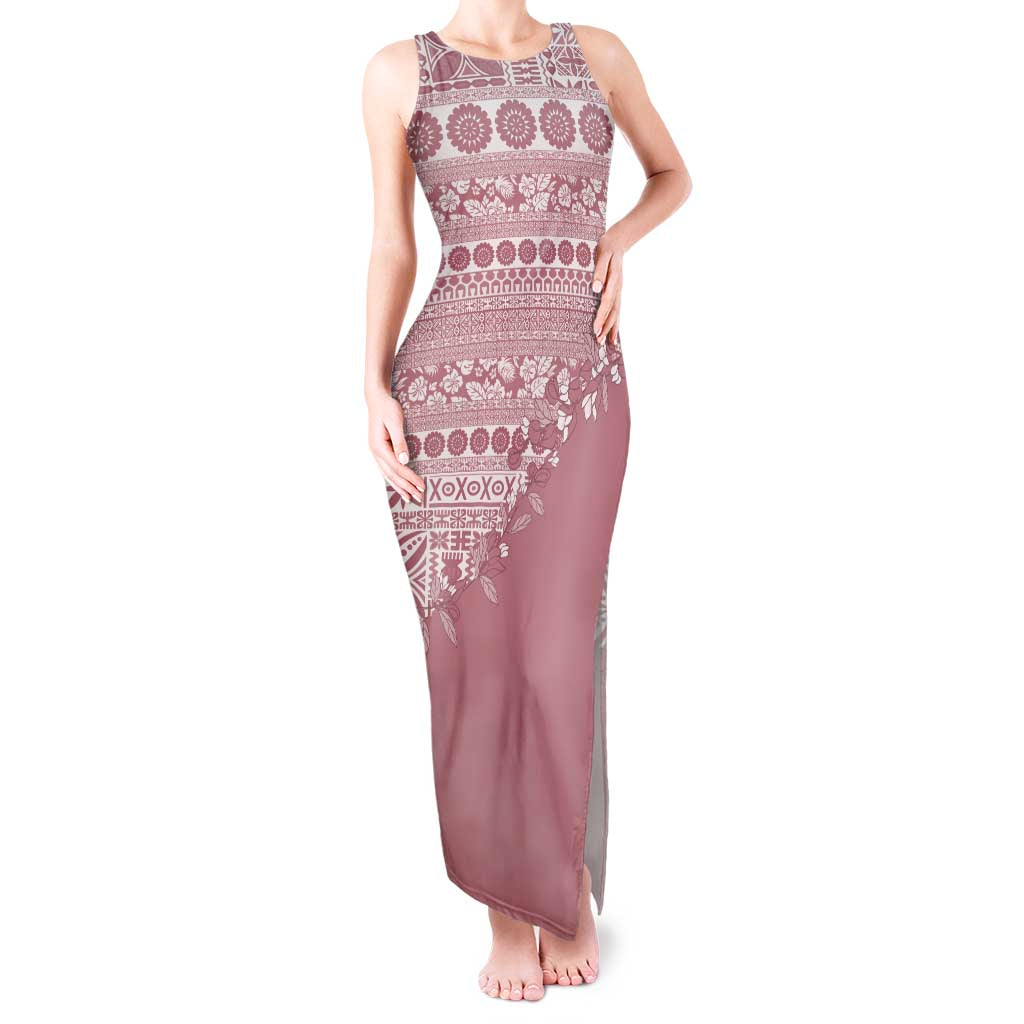 Fiji Marau na Kerisimasi Tank Maxi Dress Dusty Rose Tagimoucia Tapa Masi Tribal - Polynesian Pride