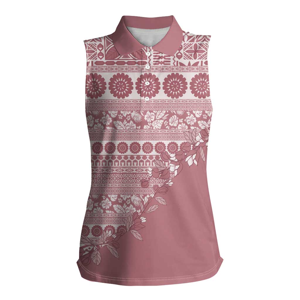 Fiji Marau na Kerisimasi Women Sleeveless Polo Shirt Dusty Rose Tagimoucia Tapa Masi Tribal - Polynesian Pride