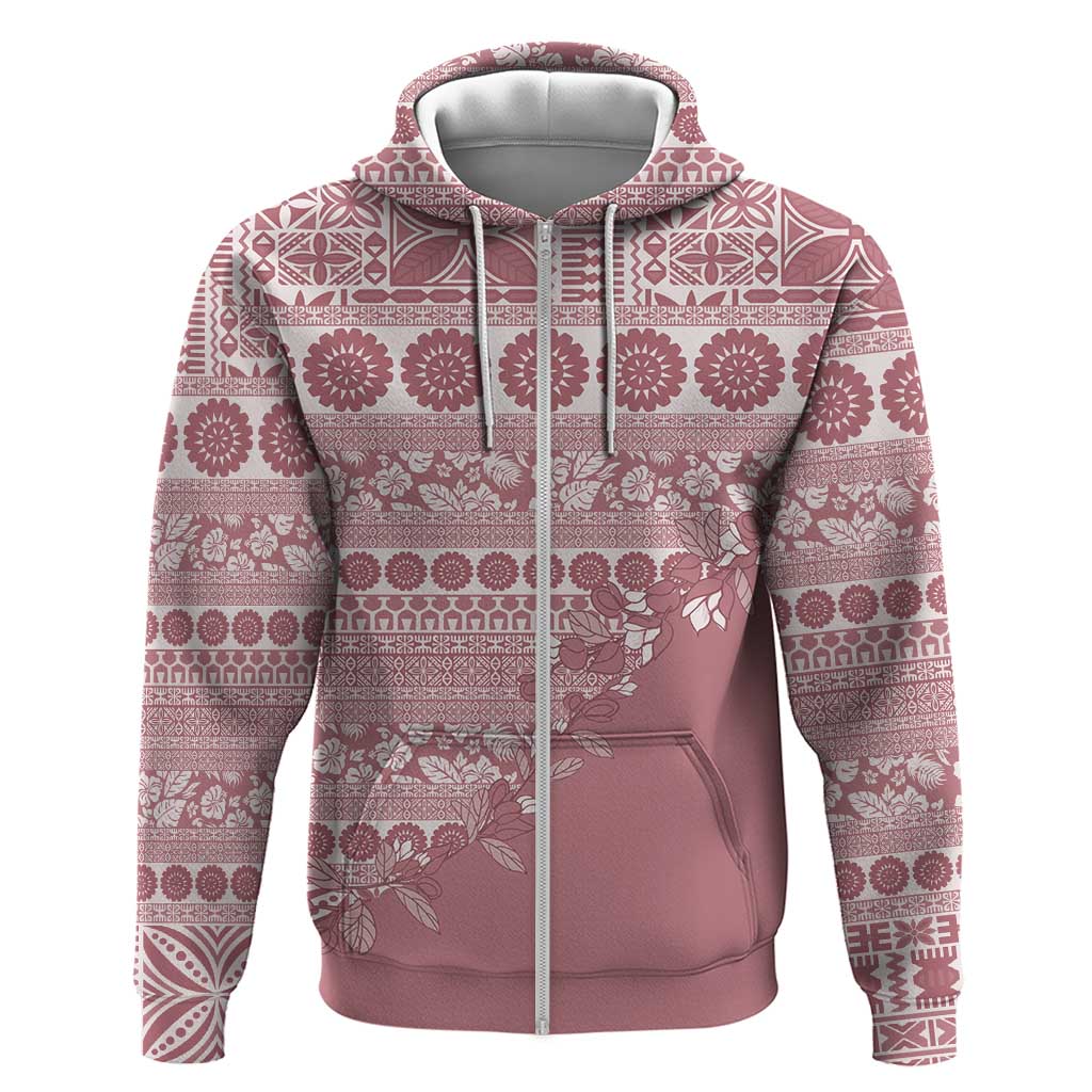 Fiji Marau na Kerisimasi Zip Hoodie Dusty Rose Tagimoucia Tapa Masi Tribal - Polynesian Pride