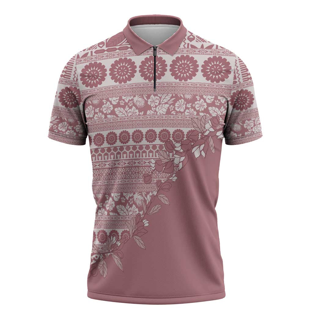 Fiji Marau na Kerisimasi Zipper Polo Shirt Dusty Rose Tagimoucia Tapa Masi Tribal - Polynesian Pride