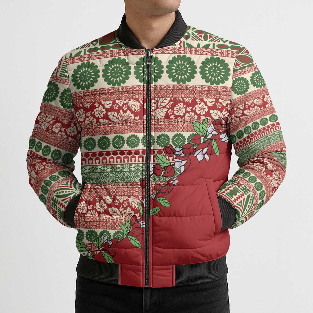 Fiji Marau na Kerisimasi Bomber Puffer Jacket Red Tagimoucia Tapa Masi Tribal LT9 - Polynesian Pride