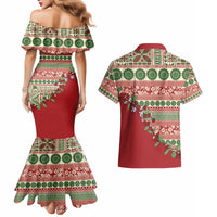 Fiji Marau na Kerisimasi Couples Matching Mermaid Dress and Hawaiian Shirt Red Tagimoucia Tapa Masi Tribal - Polynesian Pride