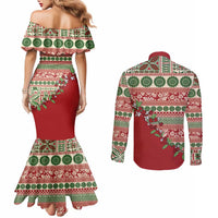 Fiji Marau na Kerisimasi Couples Matching Mermaid Dress and Long Sleeve Button Shirt Red Tagimoucia Tapa Masi Tribal - Polynesian Pride