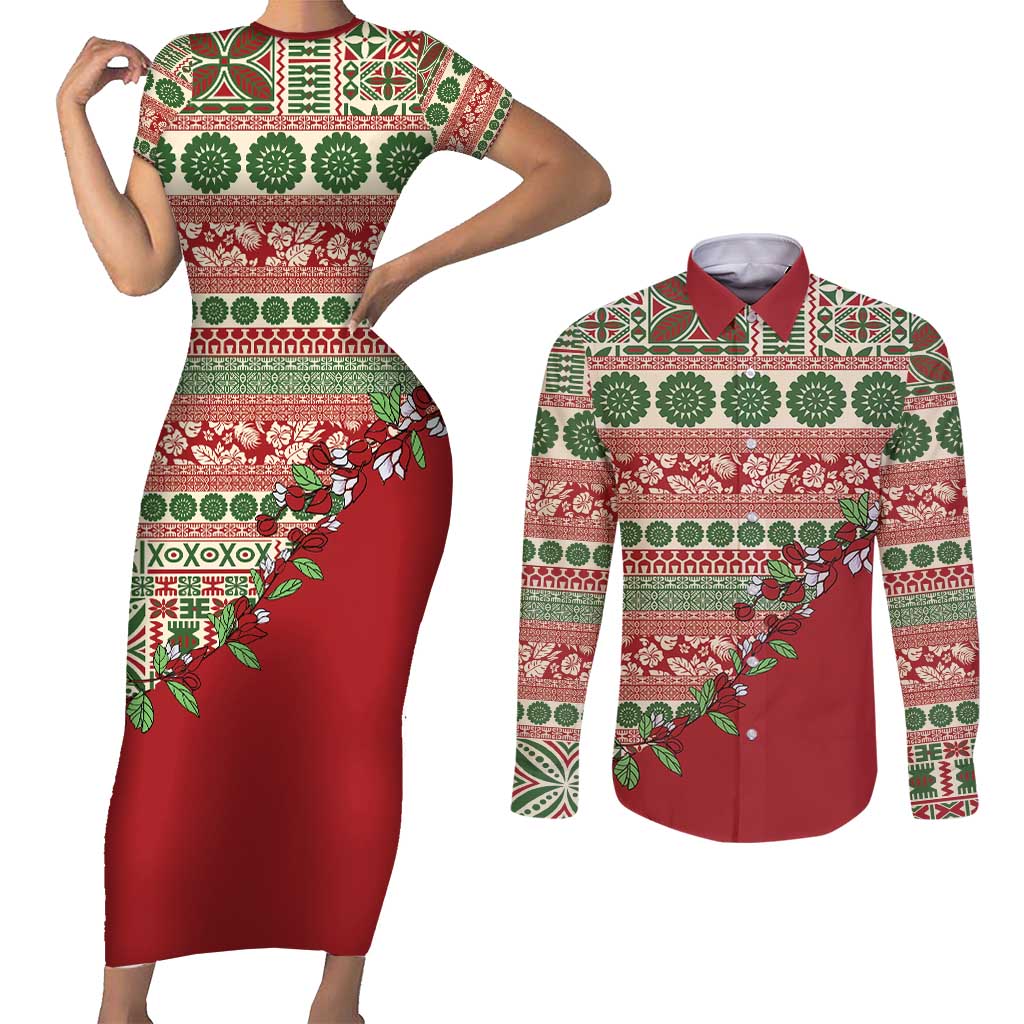 Fiji Marau na Kerisimasi Couples Matching Short Sleeve Bodycon Dress and Long Sleeve Button Shirt Red Tagimoucia Tapa Masi Tribal - Polynesian Pride