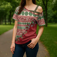 Fiji Marau na Kerisimasi Cross Shoulder Shirt Red Tagimoucia Tapa Masi Tribal - Polynesian Pride