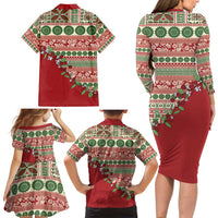 Fiji Marau na Kerisimasi Family Matching Long Sleeve Bodycon Dress and Hawaiian Shirt Red Tagimoucia Tapa Masi Tribal - Polynesian Pride