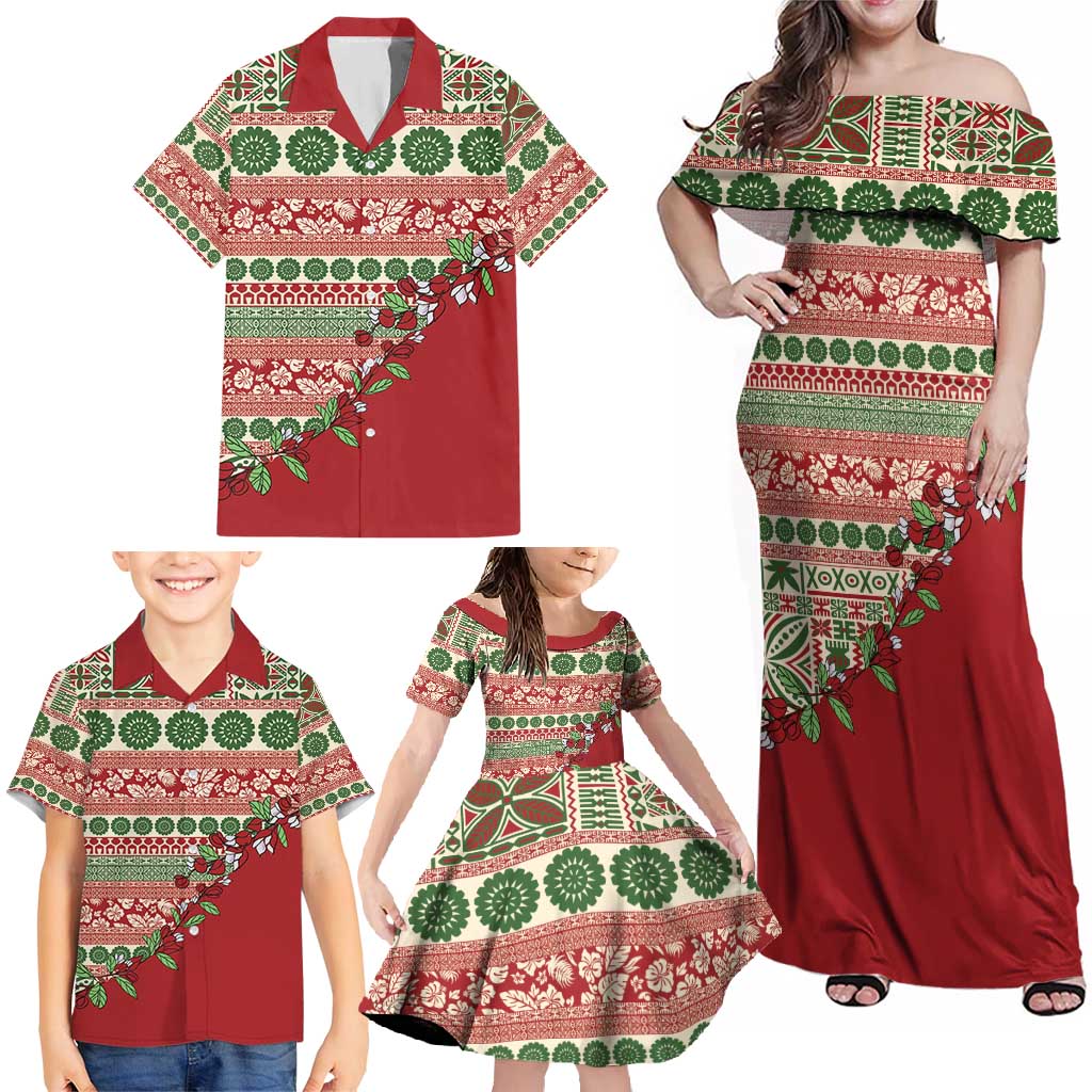 Fiji Marau na Kerisimasi Family Matching Off Shoulder Maxi Dress and Hawaiian Shirt Red Tagimoucia Tapa Masi Tribal - Polynesian Pride