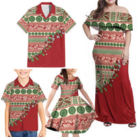 Fiji Marau na Kerisimasi Family Matching Off Shoulder Maxi Dress and Hawaiian Shirt Red Tagimoucia Tapa Masi Tribal - Polynesian Pride