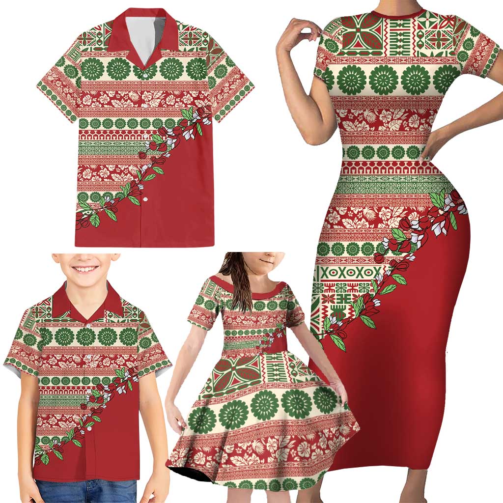 Fiji Marau na Kerisimasi Family Matching Short Sleeve Bodycon Dress and Hawaiian Shirt Red Tagimoucia Tapa Masi Tribal - Polynesian Pride