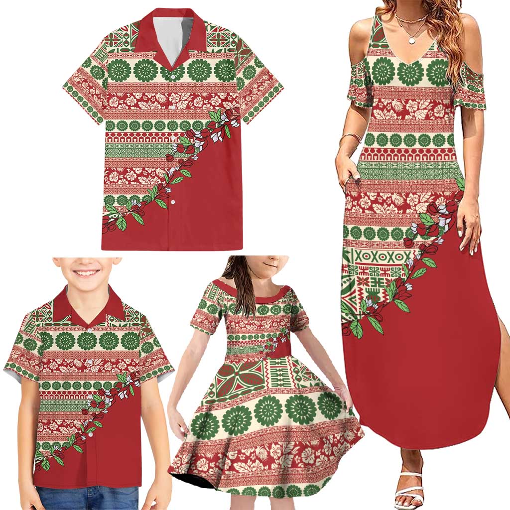 Fiji Marau na Kerisimasi Family Matching Summer Maxi Dress and Hawaiian Shirt Red Tagimoucia Tapa Masi Tribal - Polynesian Pride