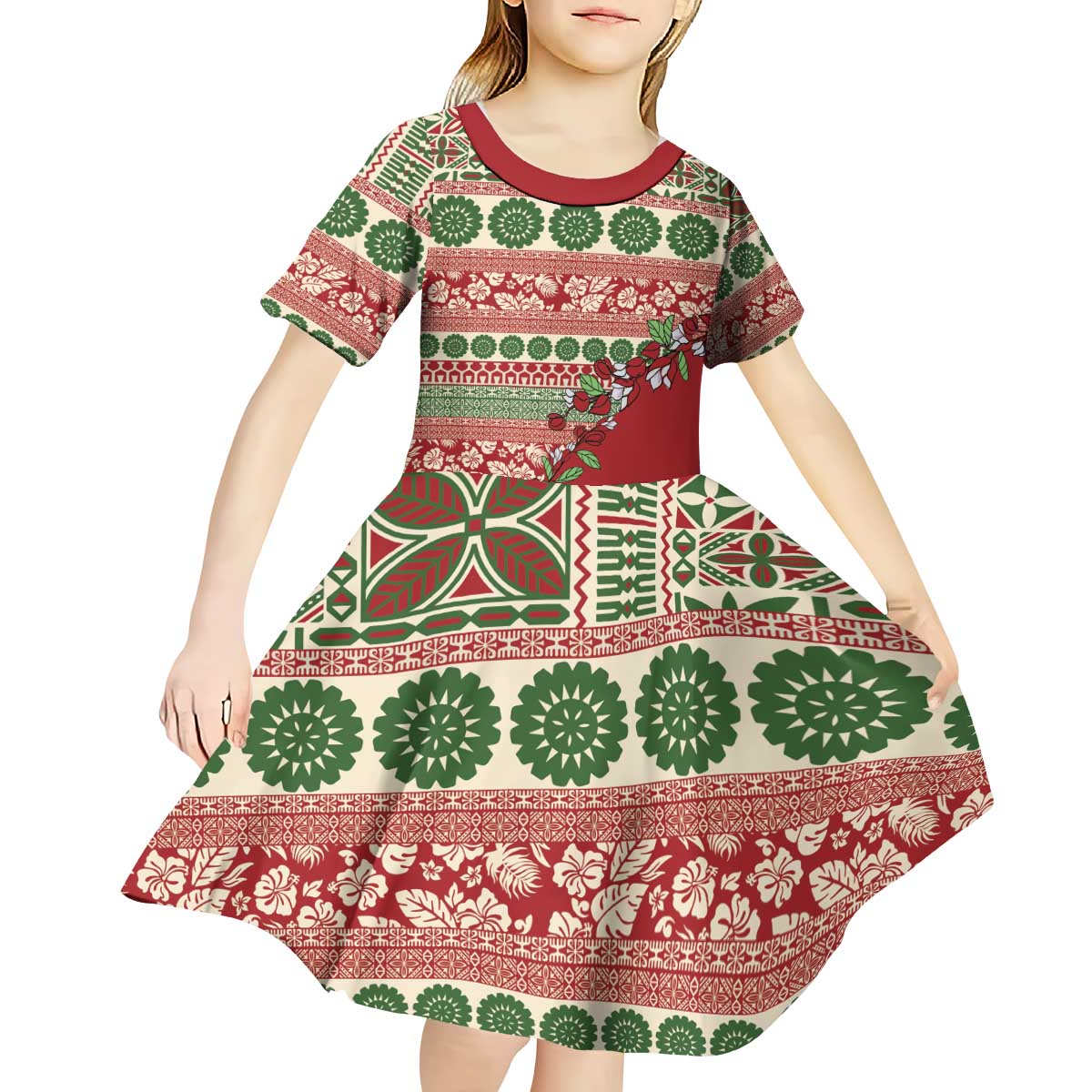 Fiji Marau na Kerisimasi Kid Short Sleeve Dress Red Tagimoucia Tapa Masi Tribal - Polynesian Pride