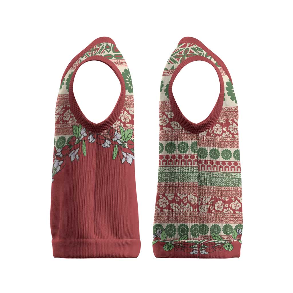 Fiji Marau na Kerisimasi Christmas Knitted V-Neck Vest Red Tagimoucia Tapa Masi Tribal - Polynesian Pride