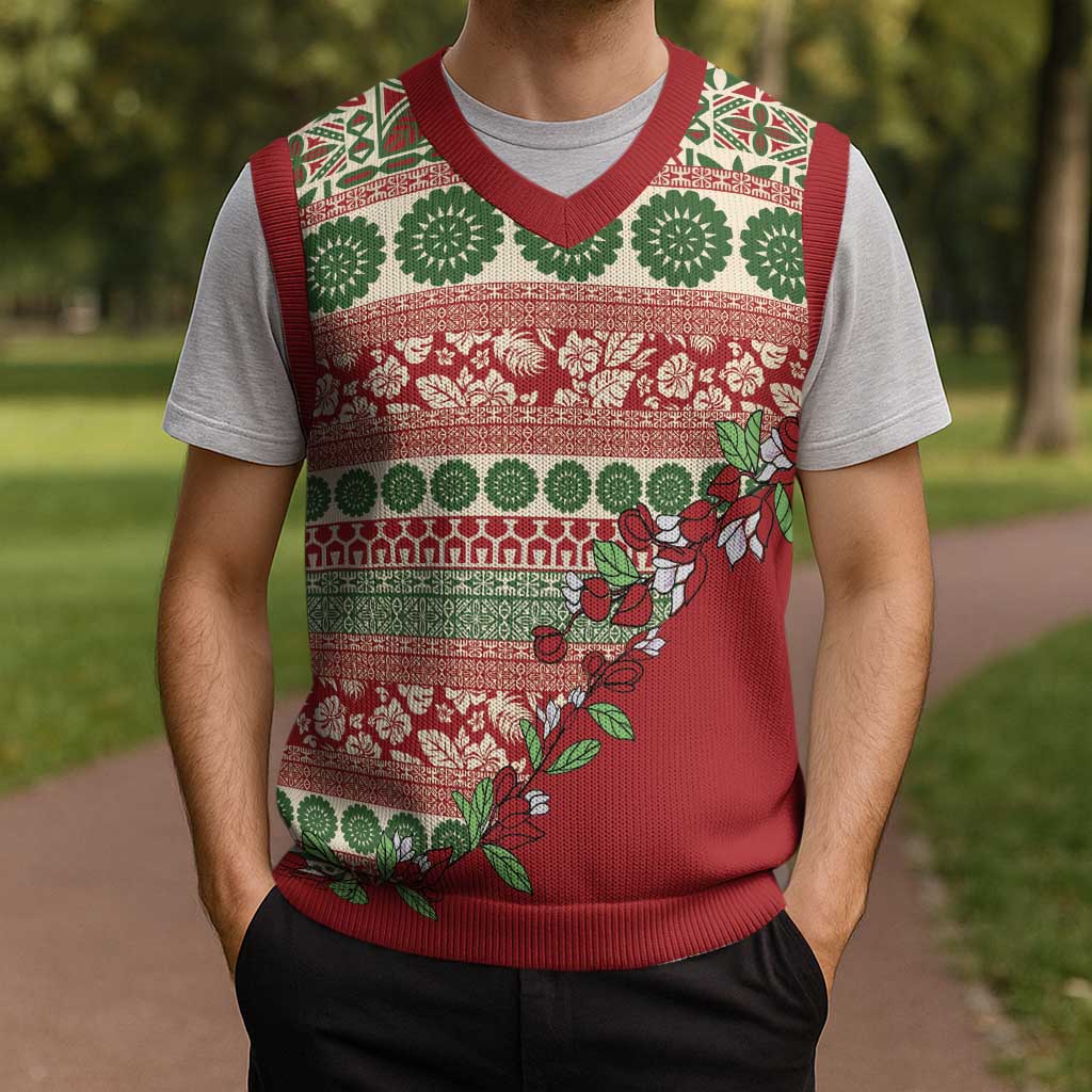 Fiji Marau na Kerisimasi Christmas Knitted V-Neck Vest Red Tagimoucia Tapa Masi Tribal - Polynesian Pride