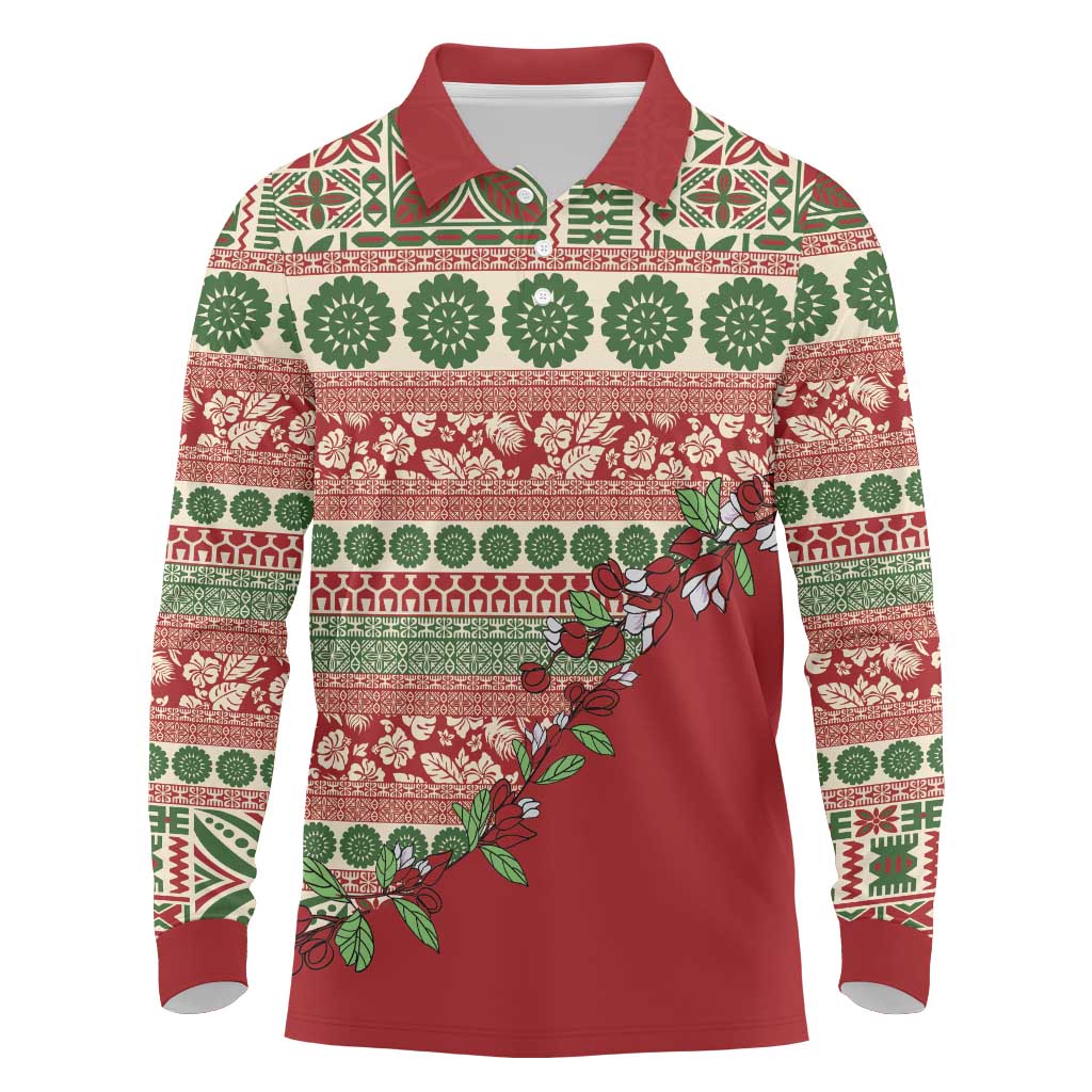 Fiji Marau na Kerisimasi Long Sleeve Polo Shirt Red Tagimoucia Tapa Masi Tribal - Polynesian Pride