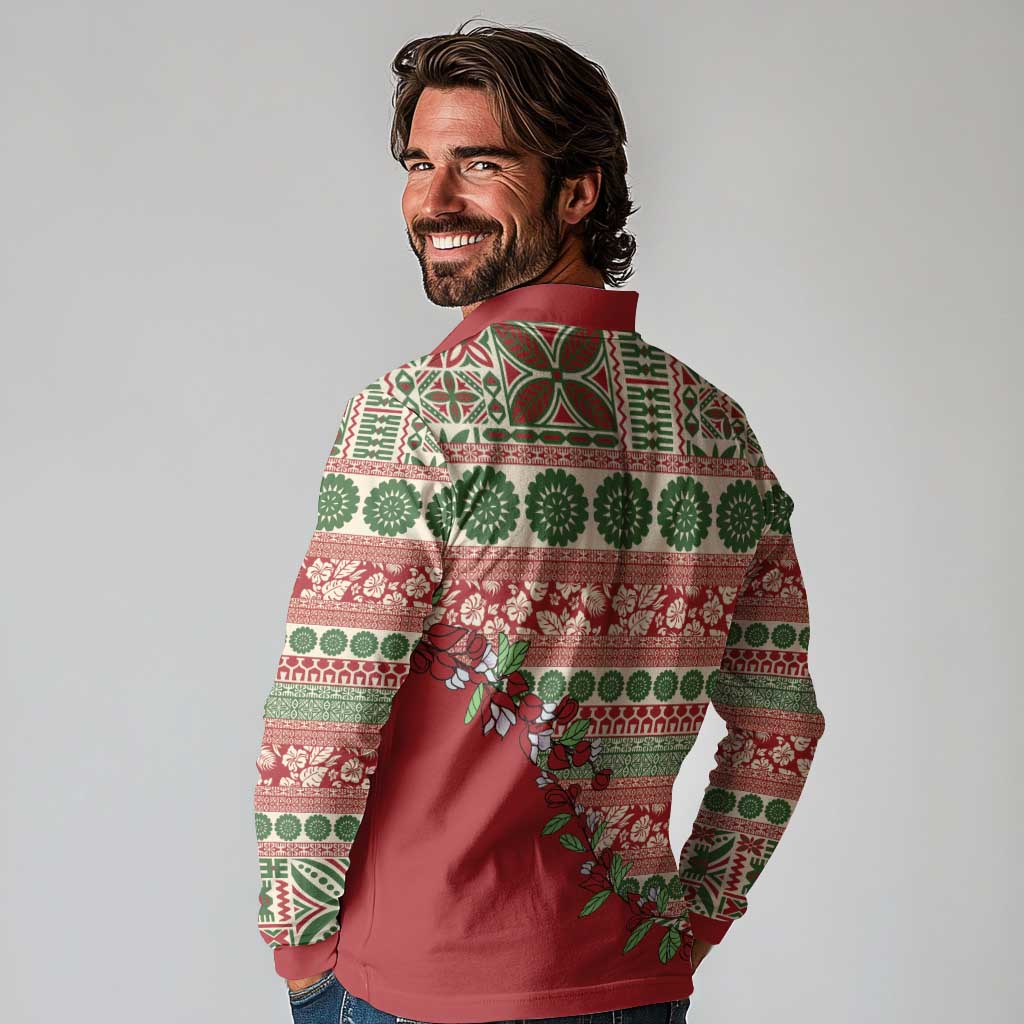 Fiji Marau na Kerisimasi Long Sleeve Polo Shirt Red Tagimoucia Tapa Masi Tribal - Polynesian Pride