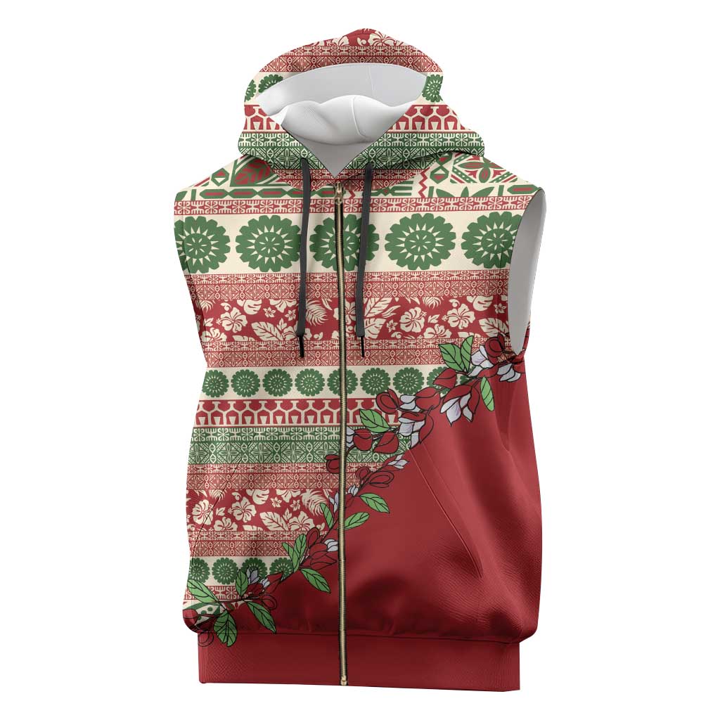 Fiji Marau na Kerisimasi Sleeveless Zip Hoodie Red Tagimoucia Tapa Masi Tribal - Polynesian Pride