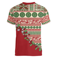 Fiji Marau na Kerisimasi Women V-Neck T-Shirt Red Tagimoucia Tapa Masi Tribal - Polynesian Pride