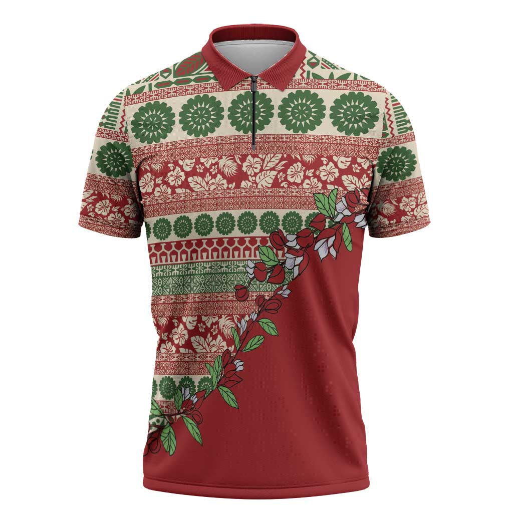 Fiji Marau na Kerisimasi Zipper Polo Shirt Red Tagimoucia Tapa Masi Tribal - Polynesian Pride