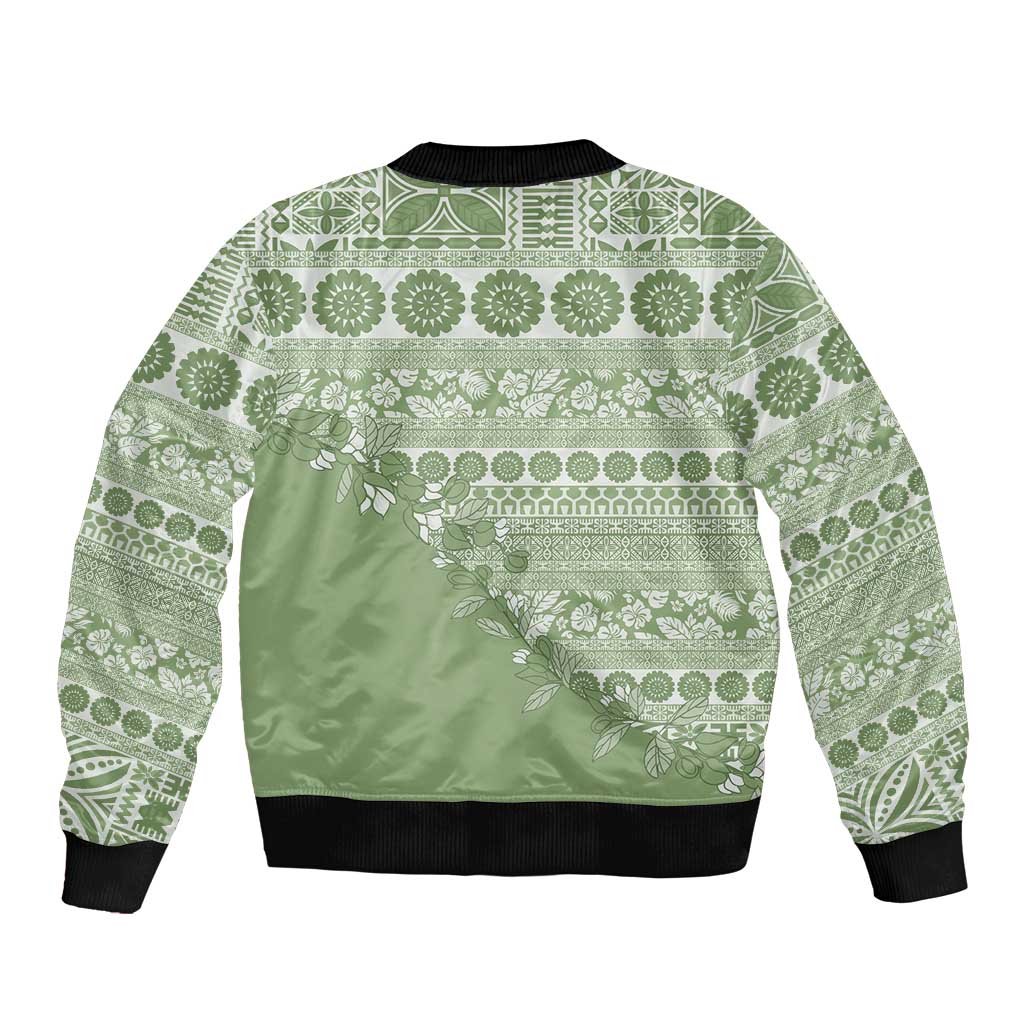 Fiji Marau na Kerisimasi Bomber Jacket Sage Green Tagimoucia Tapa Masi Tribal LT9 - Polynesian Pride