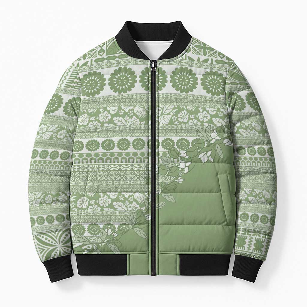 Fiji Marau na Kerisimasi Bomber Puffer Jacket Sage Green Tagimoucia Tapa Masi Tribal - Polynesian Pride
